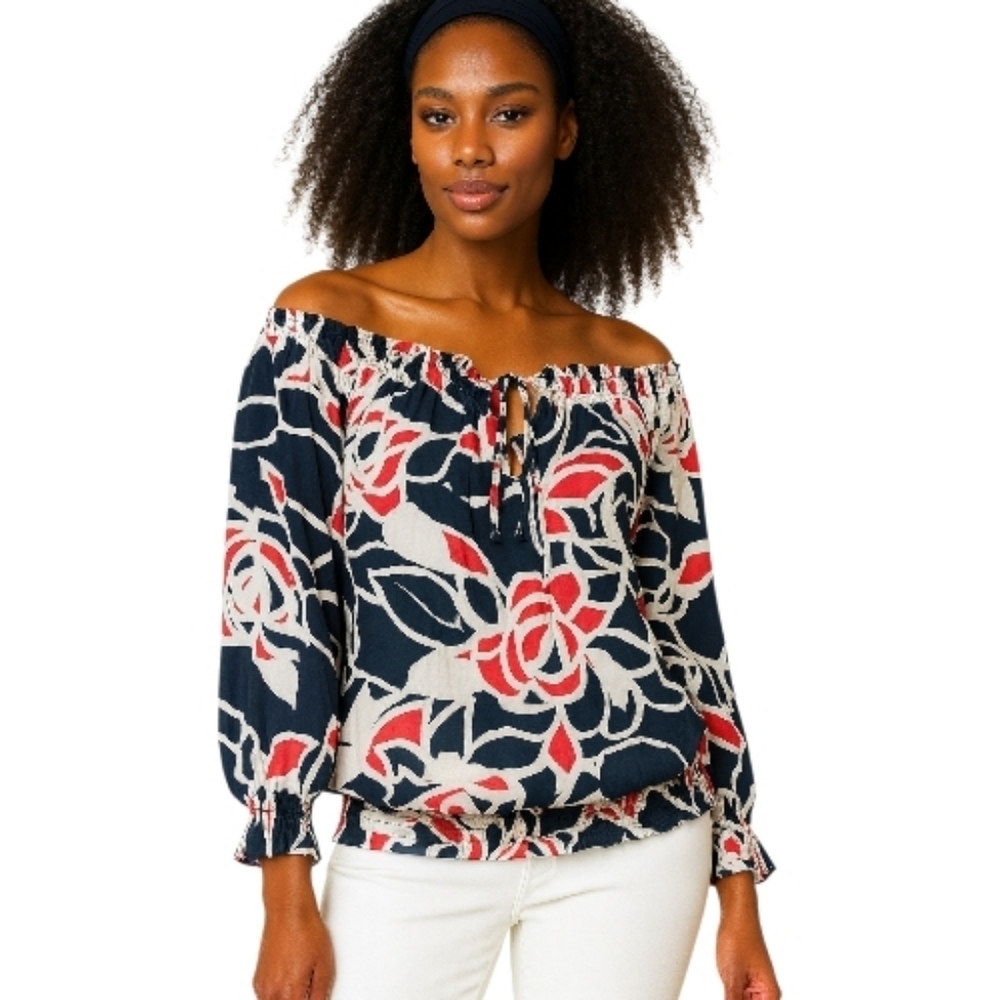 Jones New York Floral Blouse - Navy, Red, White. Size 1X